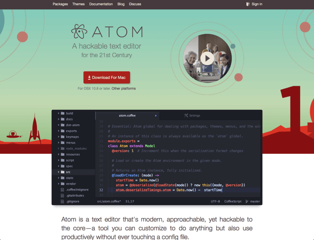Atom — GitHub 開發的免費、開放原始碼跨平台編輯器正式版（Windows、Mac、Linux）