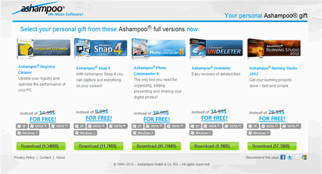五套 Ashampoo 軟體限時免費下載，價值 $109.95 美元（Registry Cleaner、Snap 4、Burning Studio 2012 等）