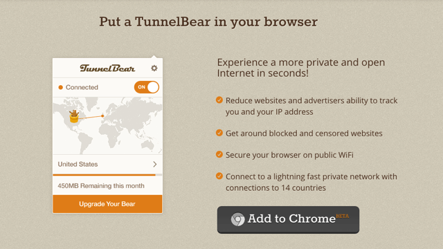 TunnelBear for Chrome 一鍵快速開啟關閉免費 VPN 加密，支援 14 個國家跳板連線（Chrome 擴充功能）