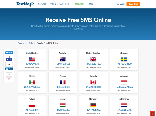 TextMagic Receive Free SMS Online 提供世界 30 國家免費手機號碼接收簡訊服務