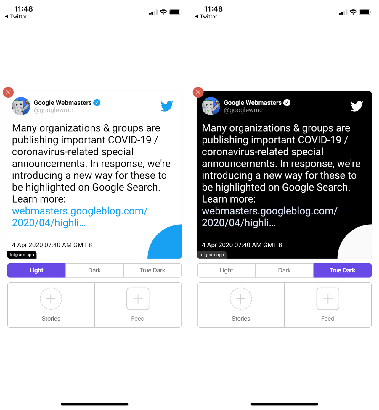 Tuigram 將 Twitter 推文分享到 IG 限時動態或貼文，內建三種配色風格