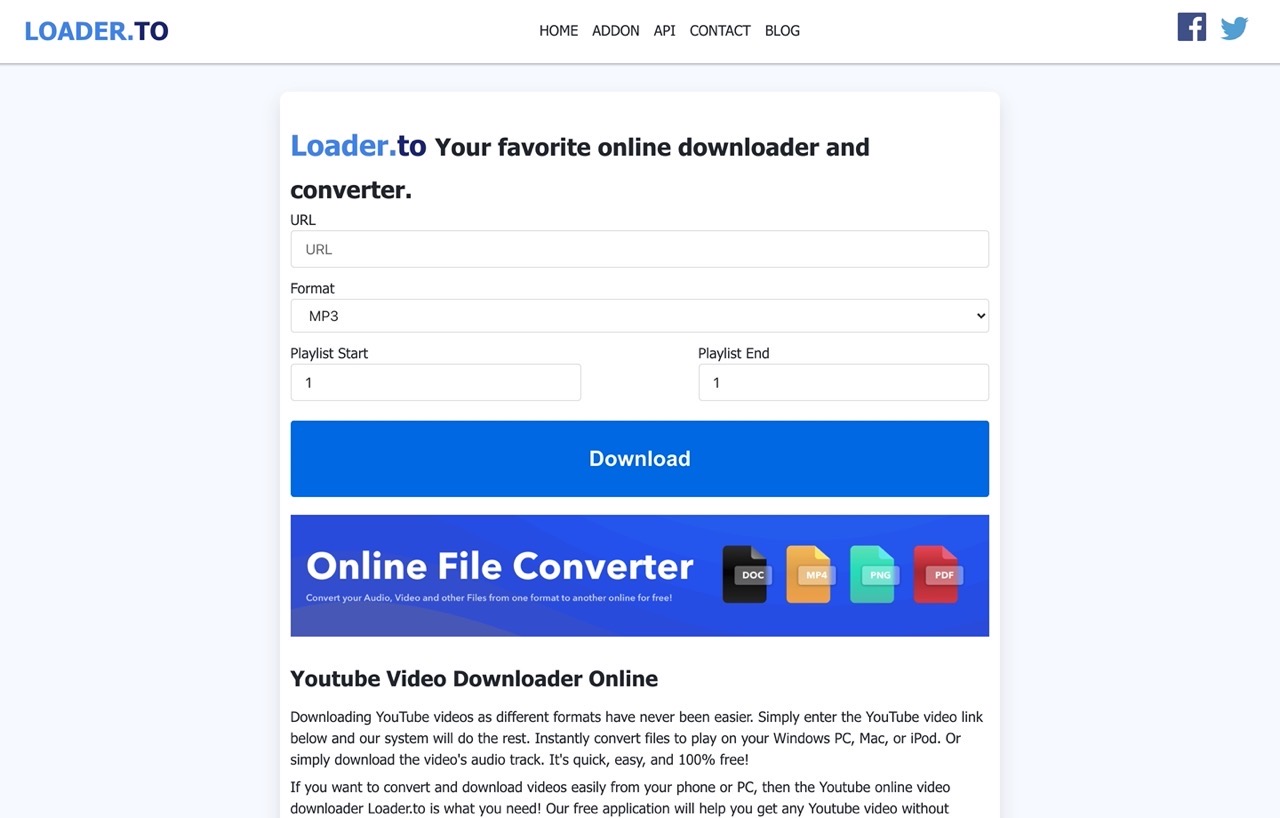 Loader.to 免費影片下載器支援 Facebook、YouTube 播放清單