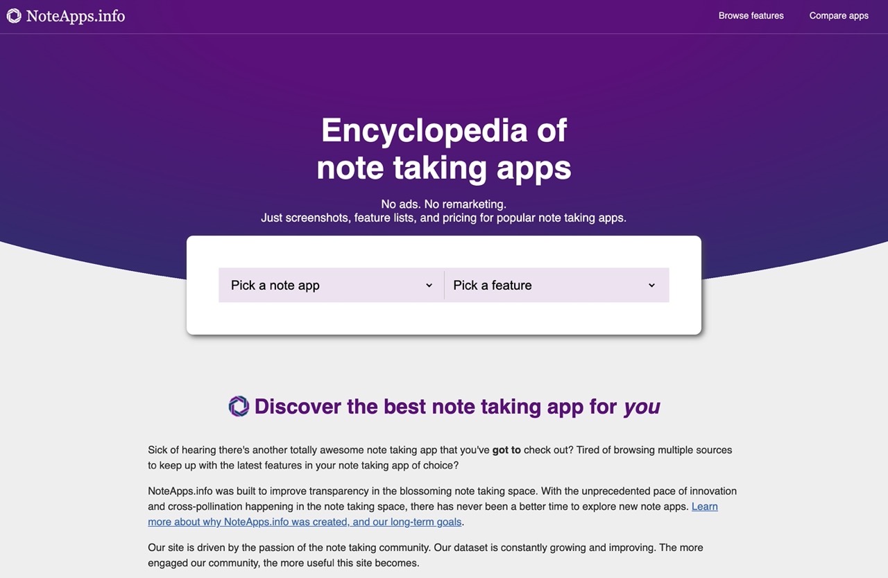 NoteApps.info 收錄 27 種最佳筆記軟體，列出各種功能可篩選比較差異