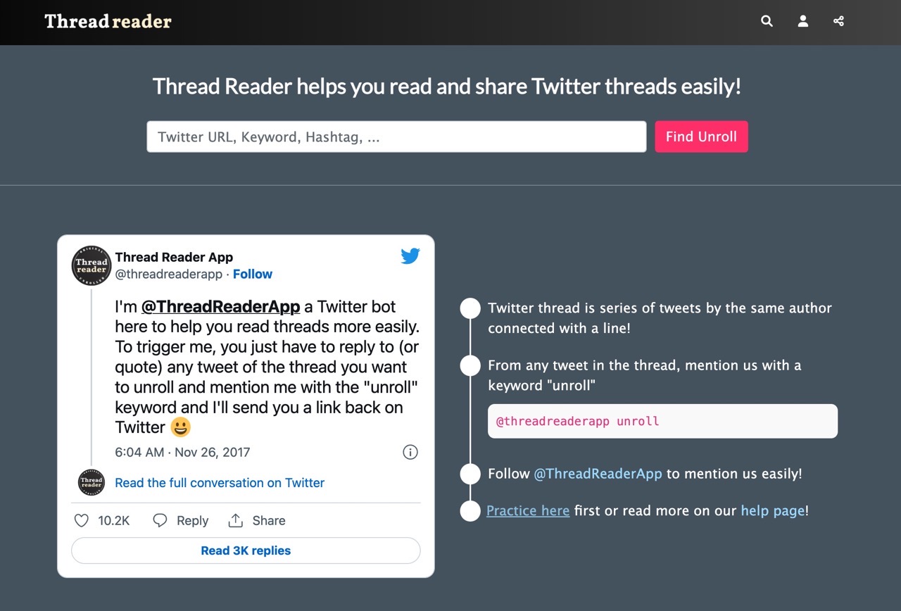 Thread Reader App 將 Twitter 推文串合併、轉為單一頁面更好閱讀