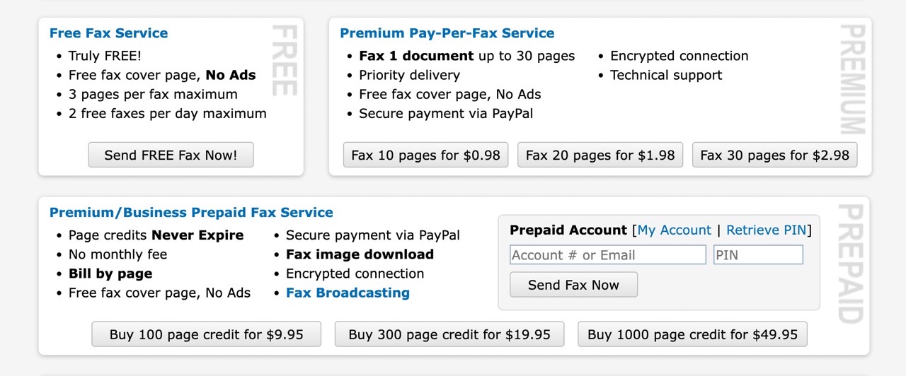 GotFreeFax 付費方案可購買單次或多頁數餘額