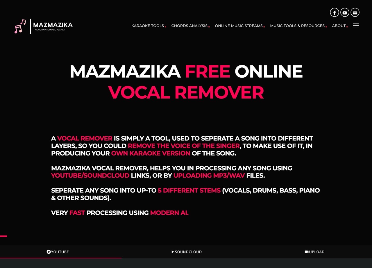 MazMazika 免費線上去人聲工具，將 YouTube 快速製作為卡拉 OK 伴唱帶